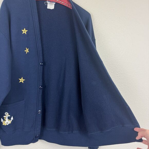 Vintage 90s Jerzees Embroidered Nautical Anchor Sweatshirt Cardigan Navy Blue OS - Picture 15 of 16